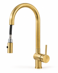 Solid unlacquered brass pull-down kitchen faucet with spray head