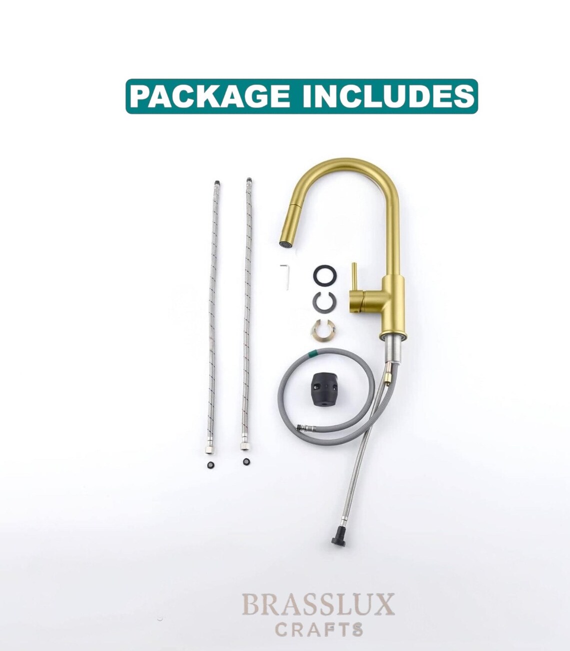 Pull-down brass kitchen faucet that develops a natural patina