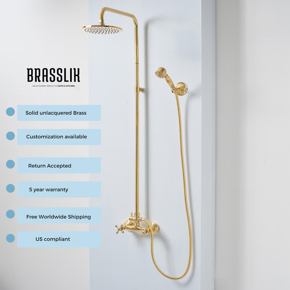 Unlacquered brass indoor and outdoor shower set