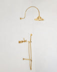 Unlacquered brass shower system with high pressure curved arm, Santorini style