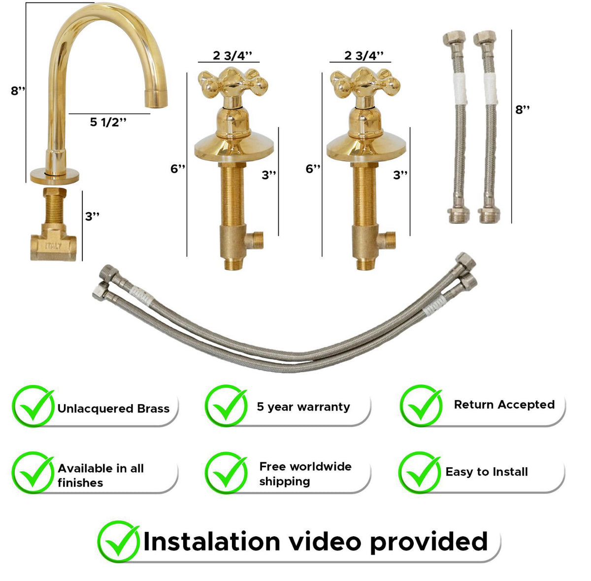 Brasslik three holes faucet in unlacquered brass