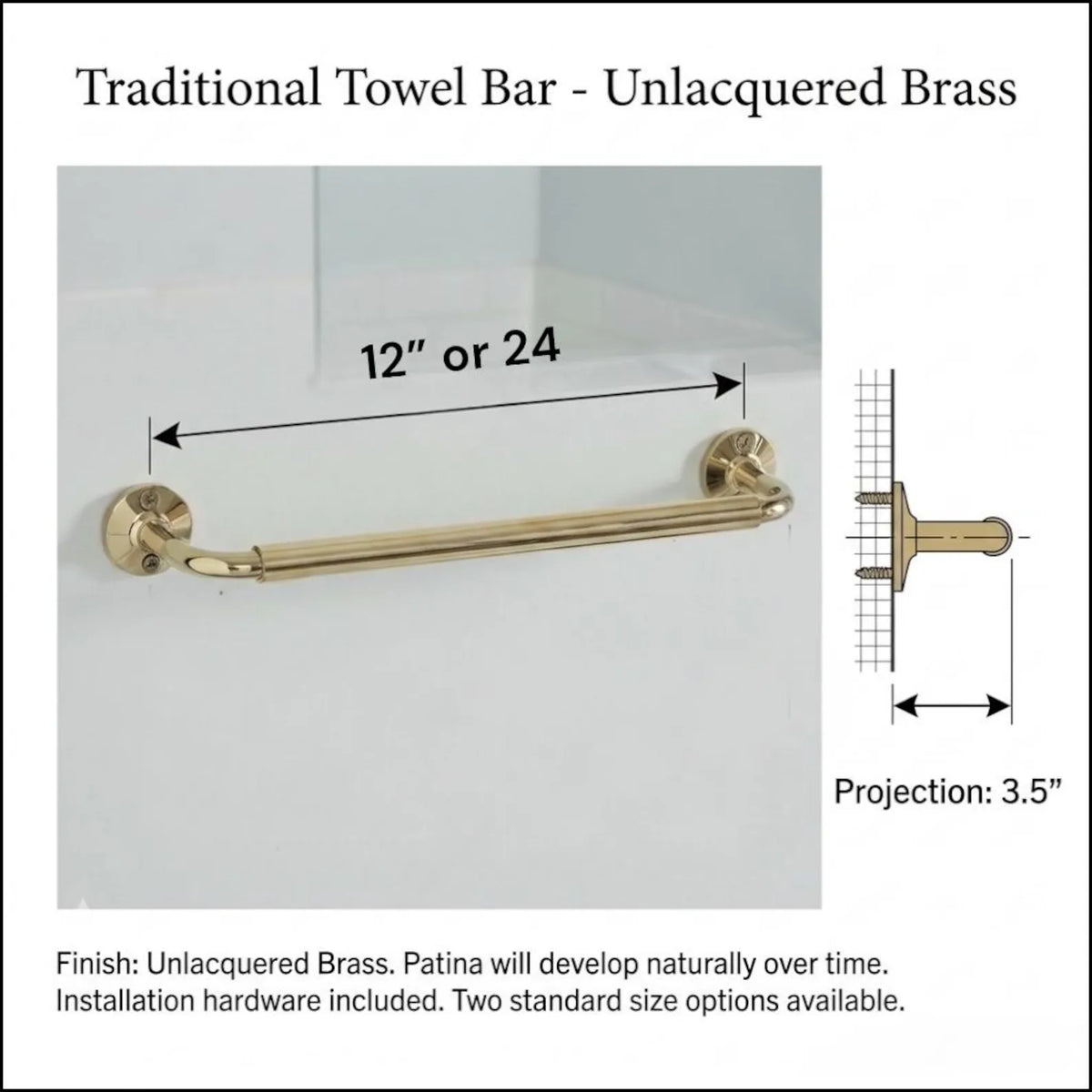Brass towel bar in natural unlacquered finish