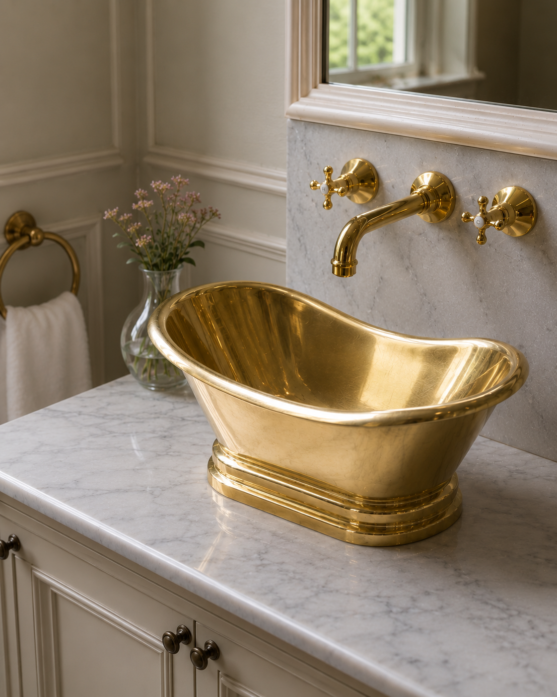 Unlacquered brass vessel sink in bathtub style