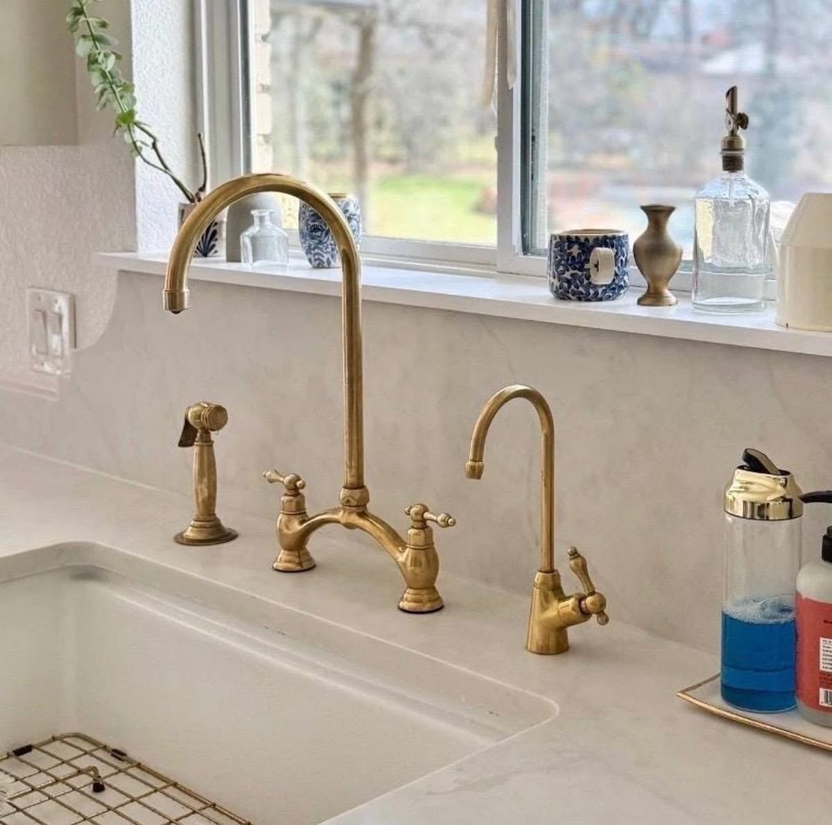 Unlacquered Victorian brass bridge kitchen faucet