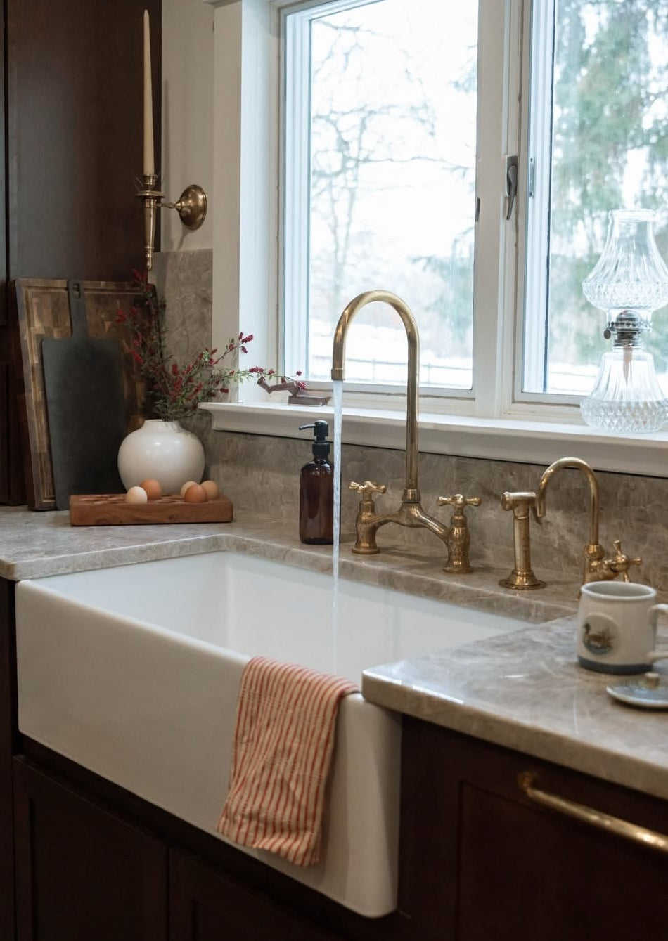 Victorian style solid brass bridge faucet for kitchen sinks