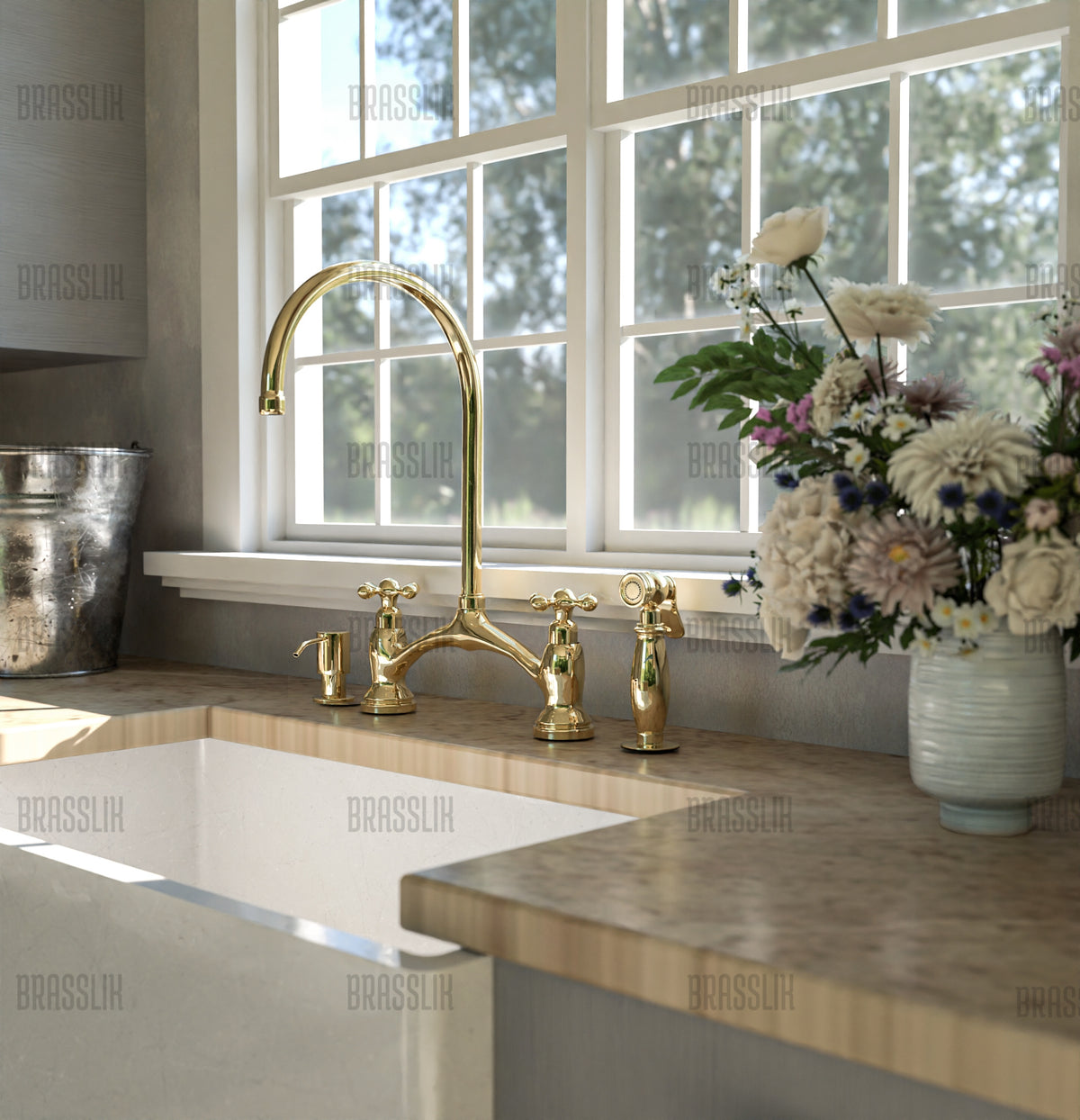 Brasslik Victorian bridge faucet in unlacquered brass