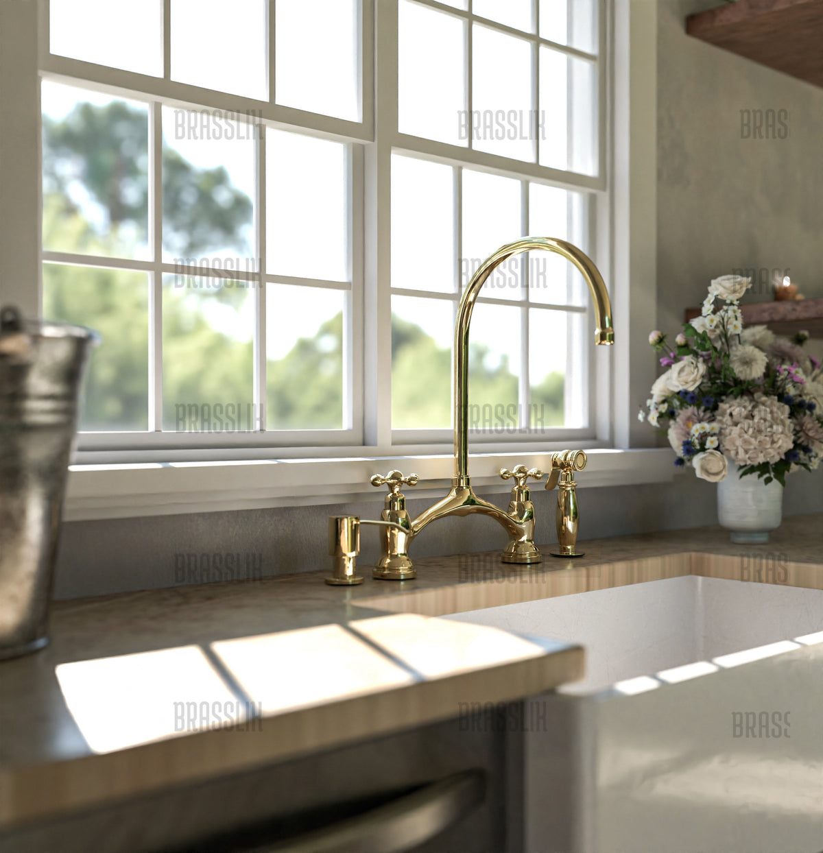 Unlacquered brass Victorian kitchen faucet with strainer option