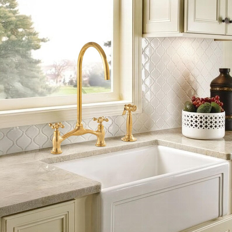 Victorian bridge kitchen faucet with side sprayer in solid brass