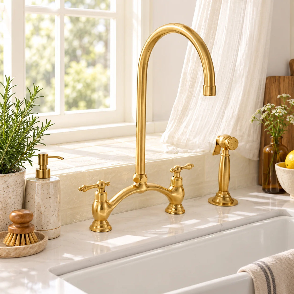 Handcrafted Victorian bridge faucet in unlacquered brass