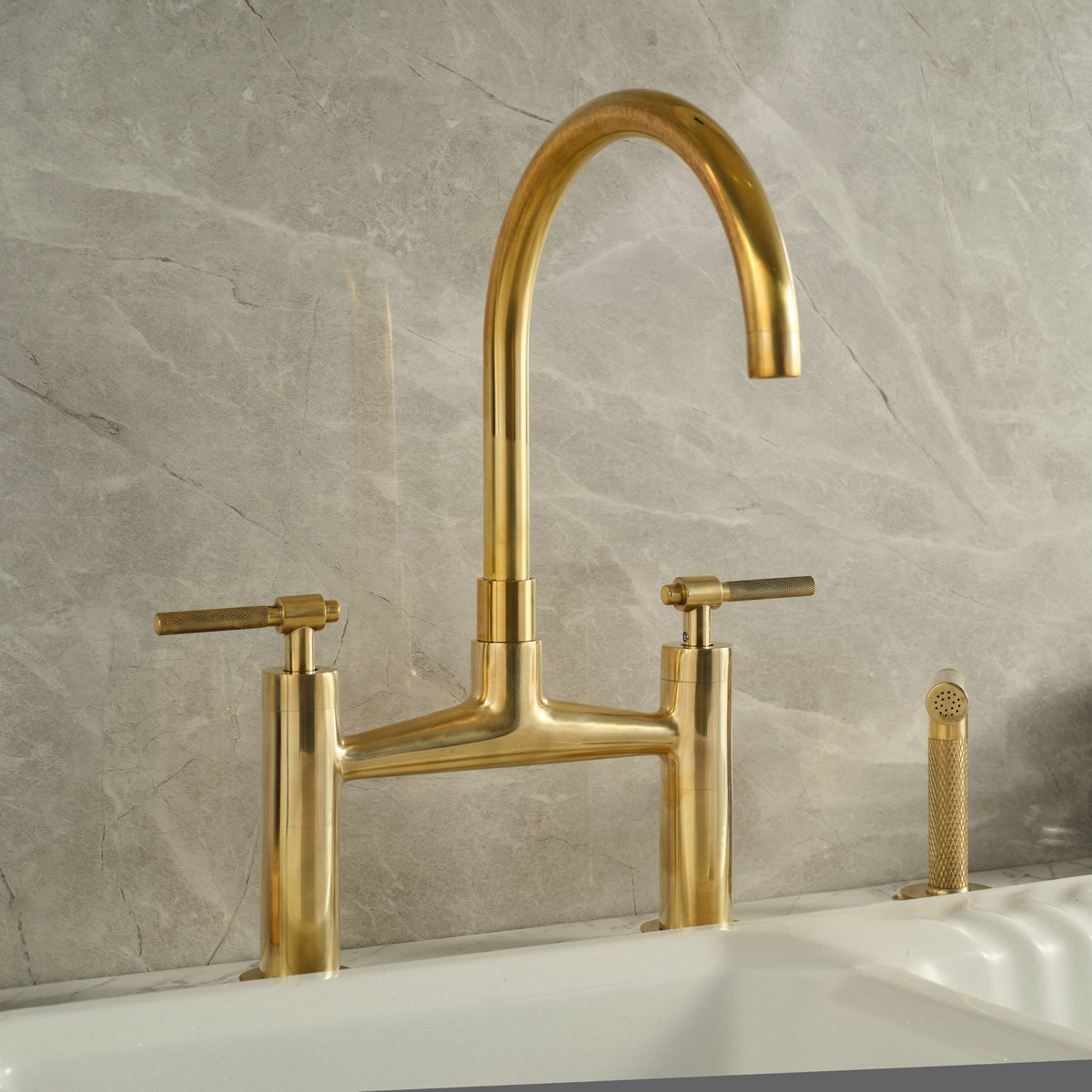 Vintara unlacquered brass kitchen faucet with sprayer