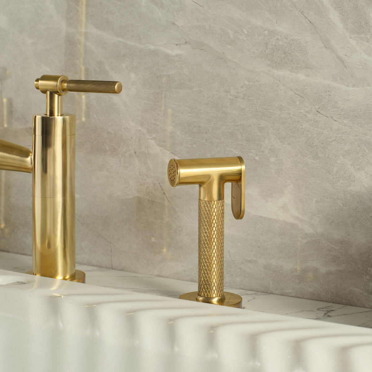 Vintara bridge kitchen faucet with side sprayer, unlacquered brass