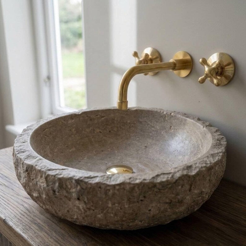Unlacquered brass wall mount bathroom sink faucet