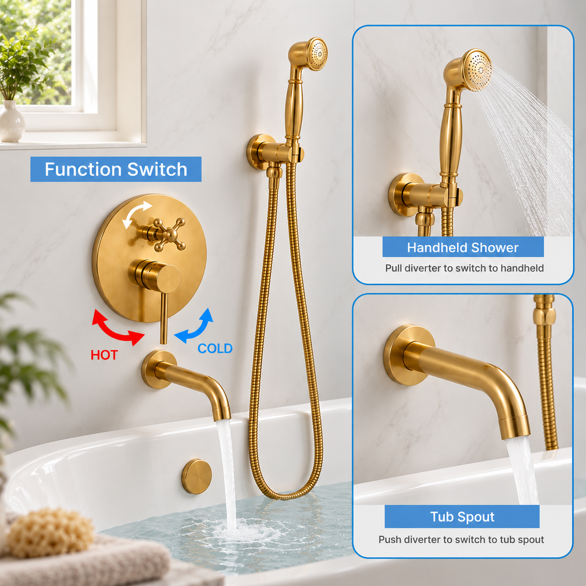 Solid brass wall-mounted tub filler and hand shower set