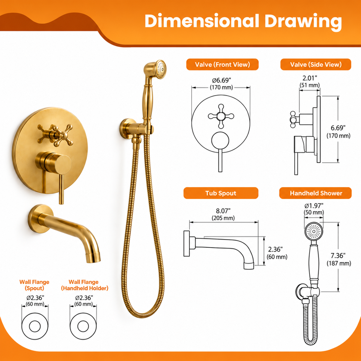 Brasslik brass tub filler and hand shower set