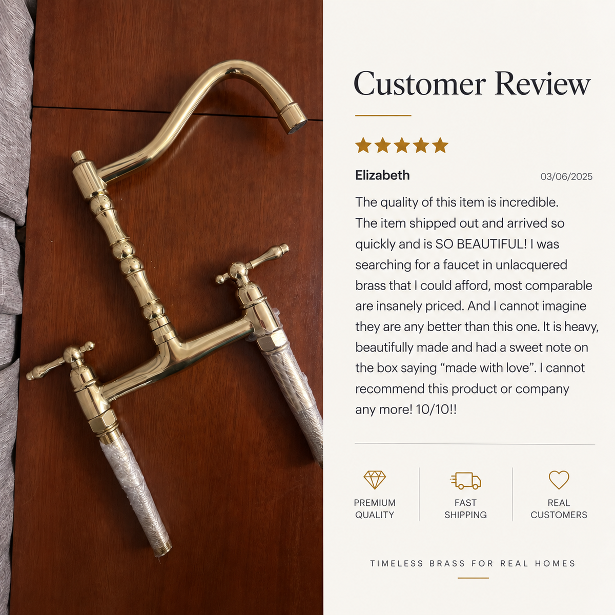 Handcrafted Westminster unlacquered brass kitchen faucet
