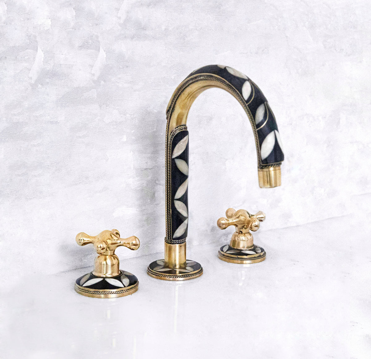 Wood and brass deck mounted bathroom faucet
