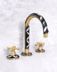 Wood and brass deck mounted bathroom faucet