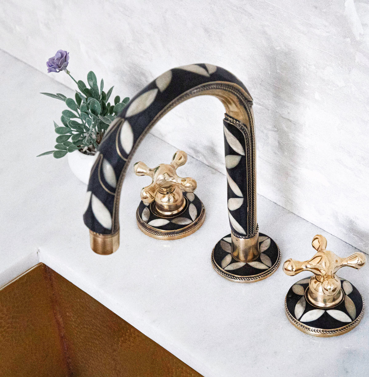 Handcrafted wood and brass deck-mount bathroom sink faucet